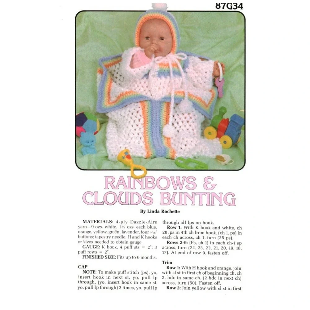 Vintage Rainbows & Clouds Bunting Crochet Pattern Linda Rochette 87G34 Baby 6M